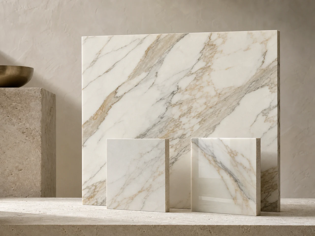 Warm-white marble reference panels presented as a controlled material-selection study.