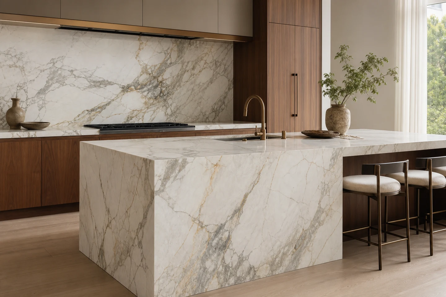 Warm-white marble with grey, taupe, and muted gold movement applied to a contemporary waterfall kitchen island and backsplash.