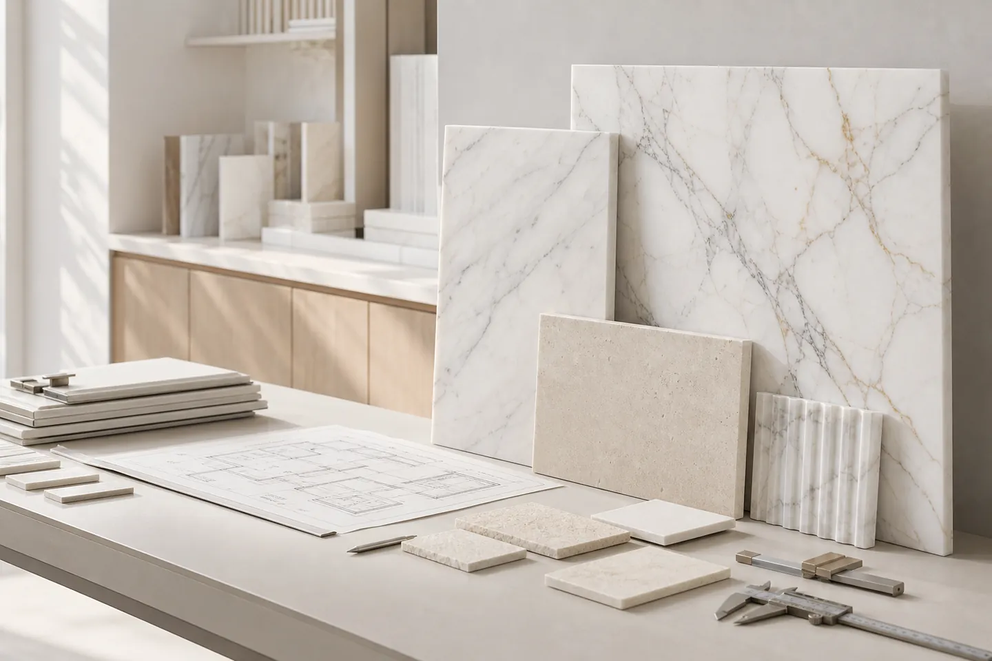 Natural-stone samples, finish chips, drawings, and a caliper arranged for a professional specification review.
