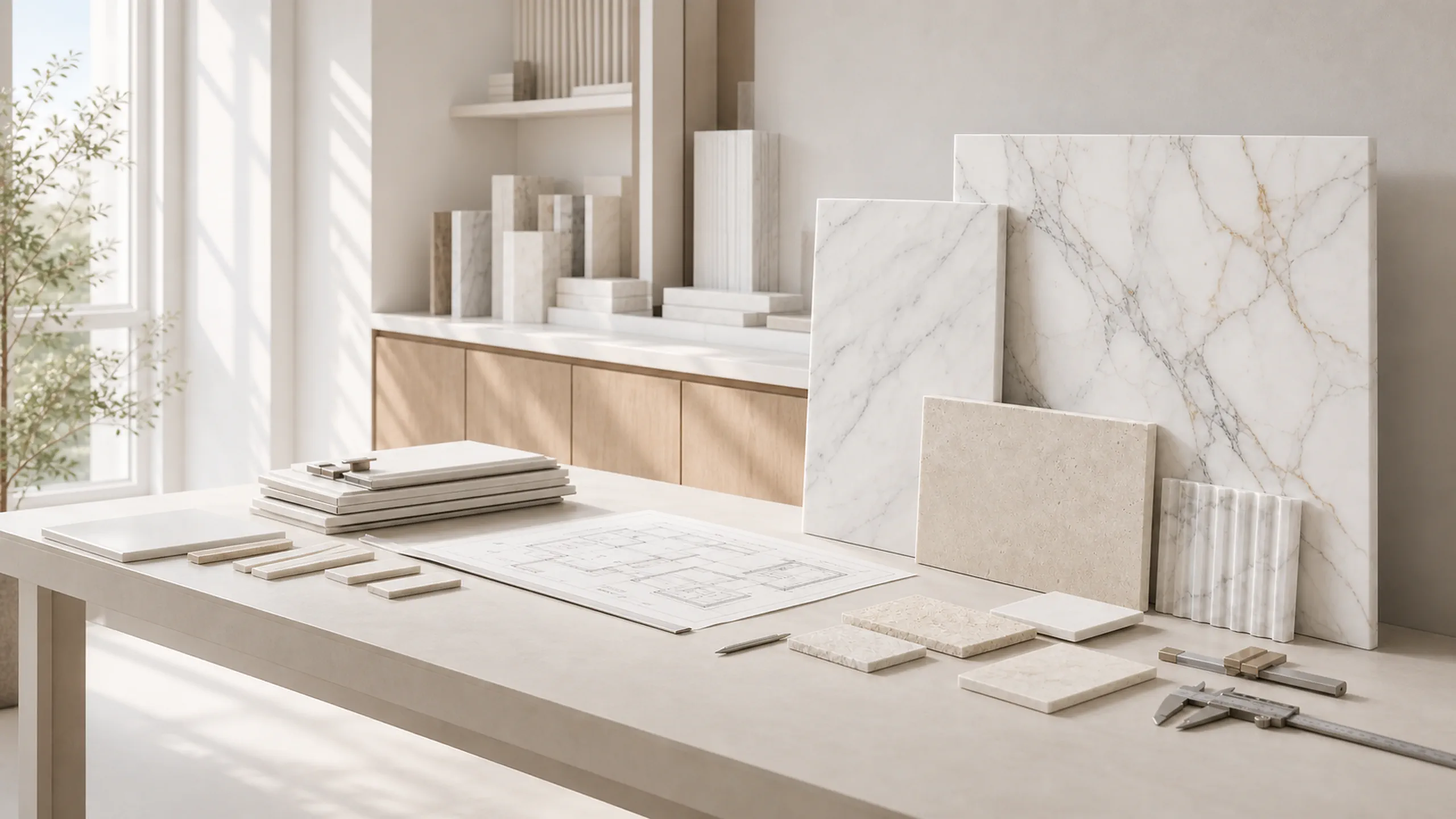 Natural-stone samples, finish chips, drawings, and a caliper arranged for a professional specification review.