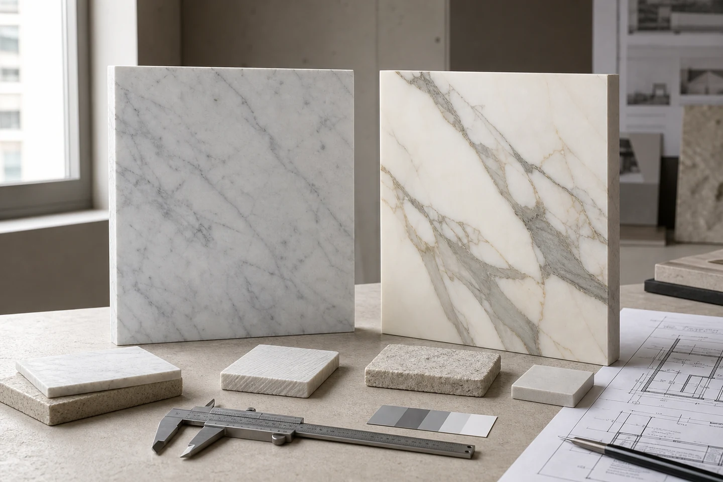 Carrara-style and Calacatta-style white marble samples compared in an architect material studio.