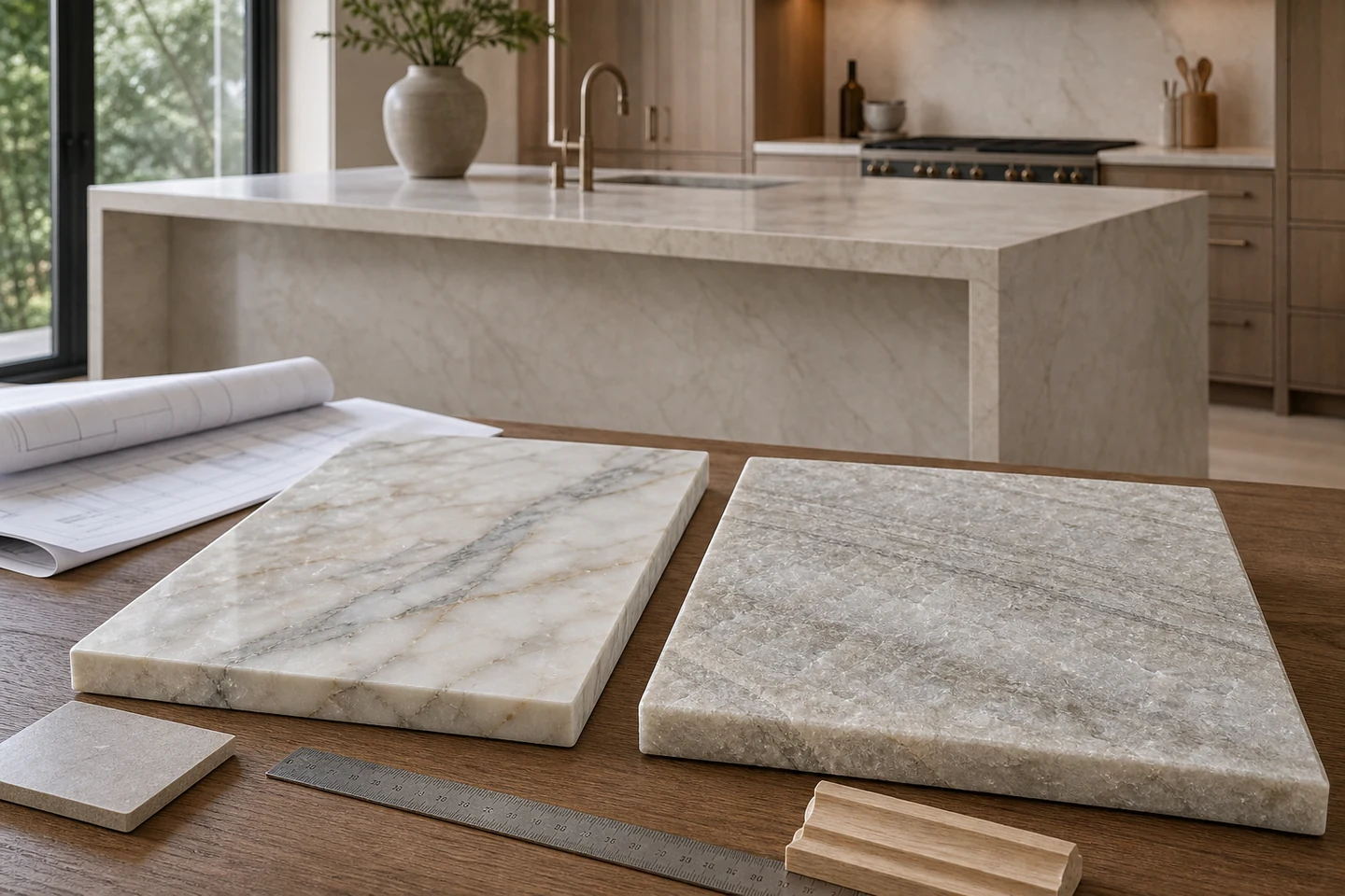 Marble and quartzite samples compared in front of a natural-stone kitchen island.