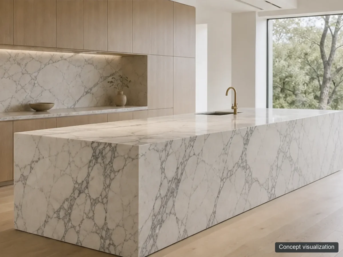 Arabescato Corchia application reference concept visualization; not current inventory or a selected lot.