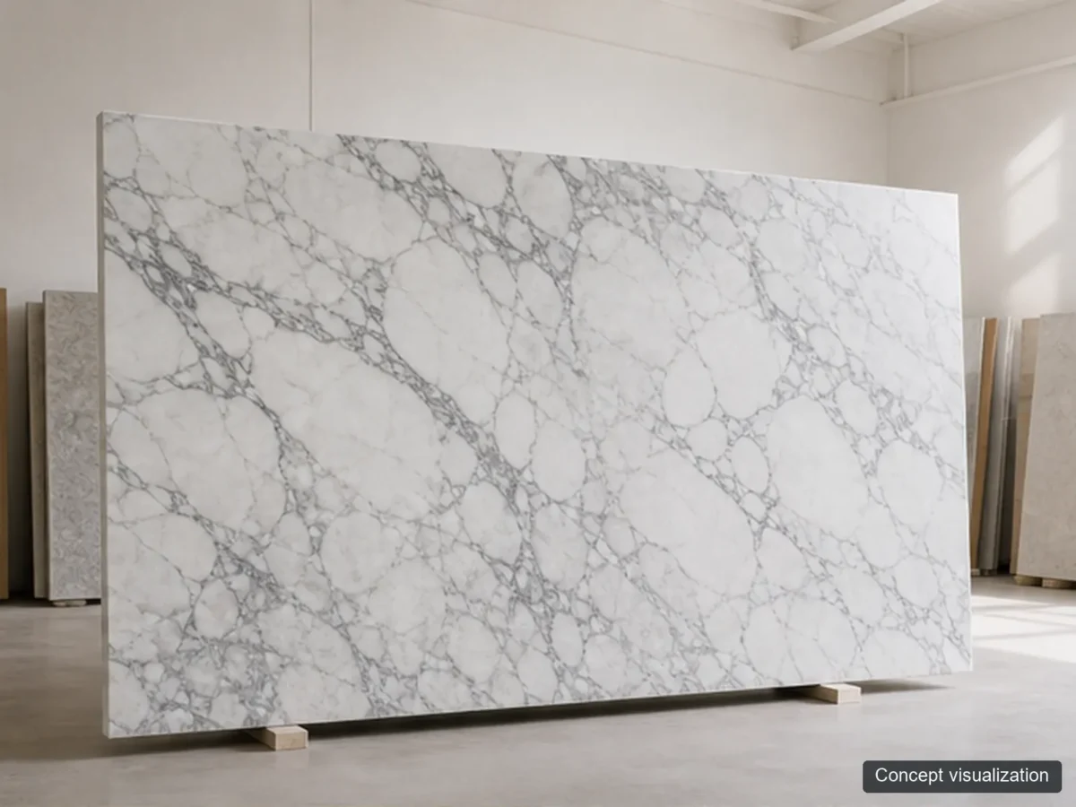 Arabescato Corchia full-slab reference concept visualization; not current inventory or a selected lot.