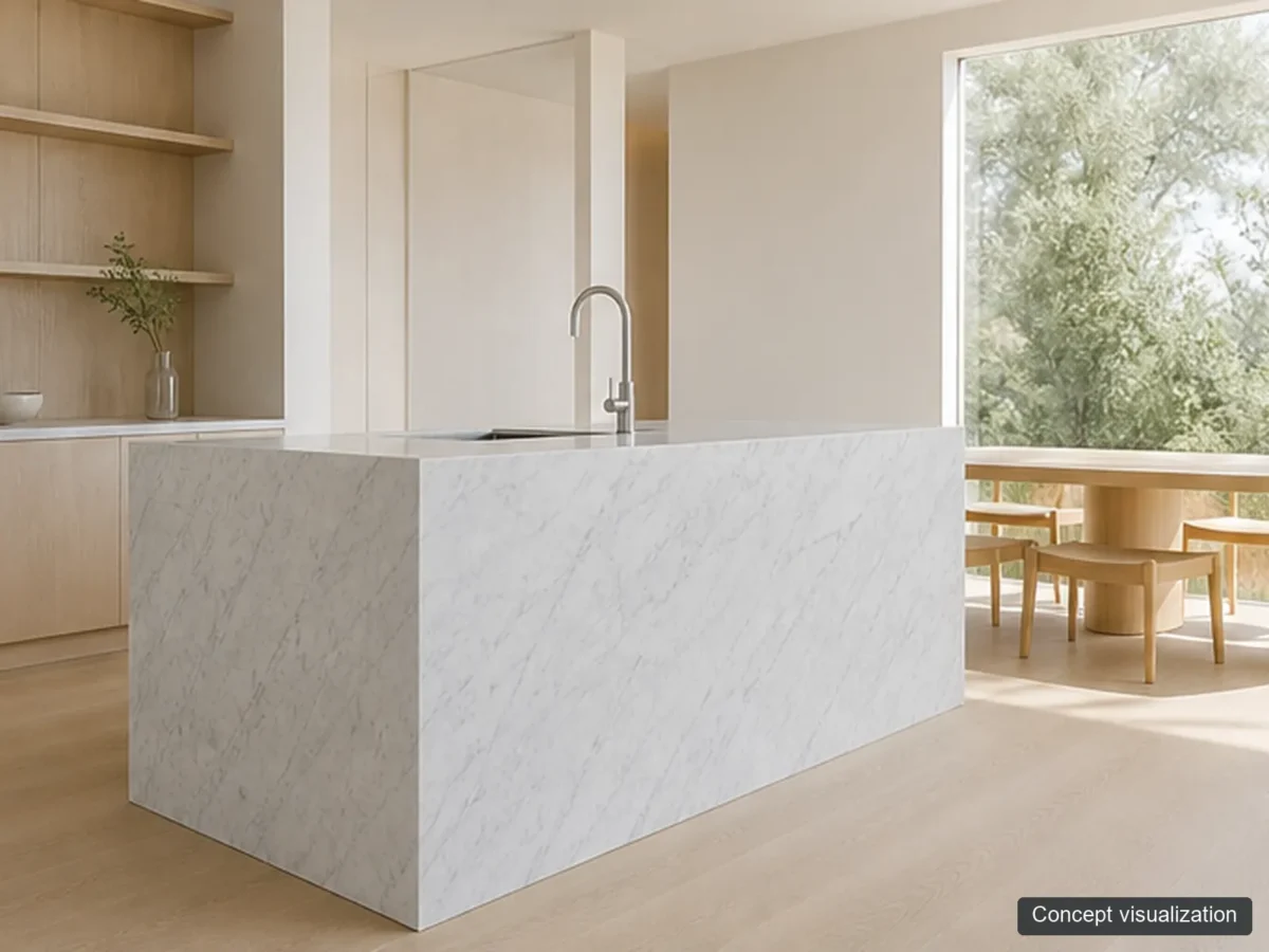 Bianco Carrara application reference concept visualization; not current inventory or a selected lot.