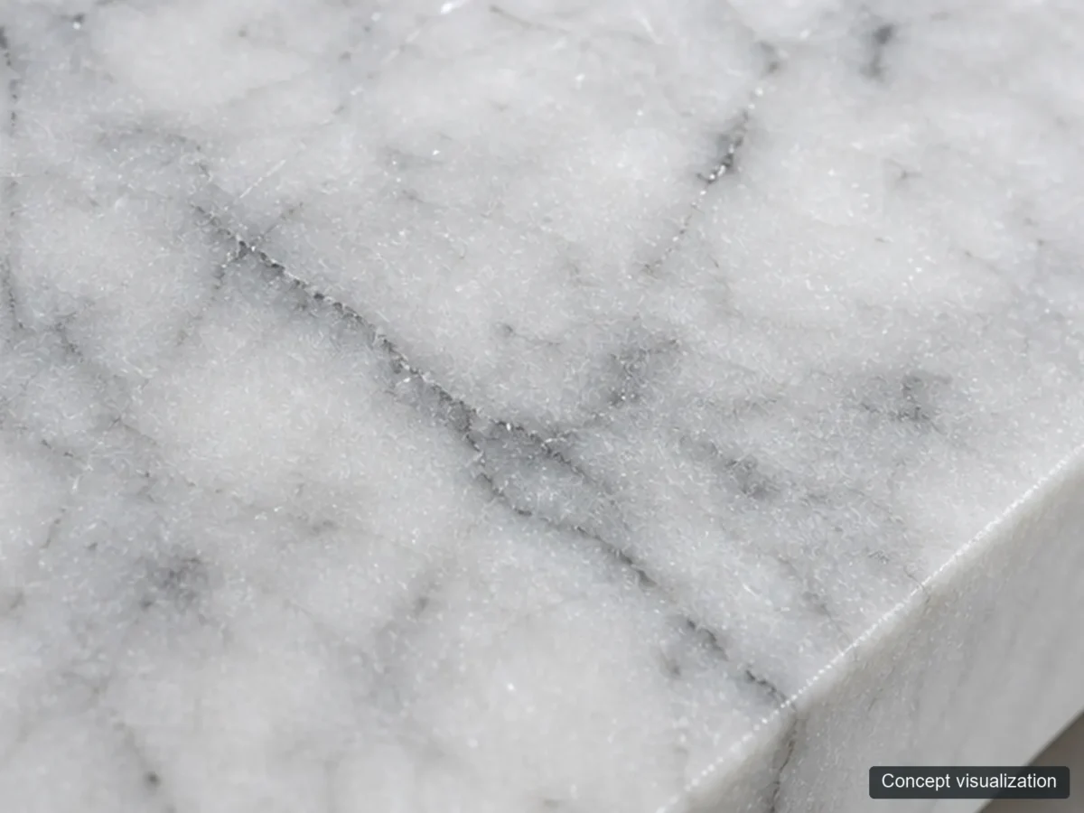 Bianco Carrara detail reference concept visualization; not current inventory or a selected lot.