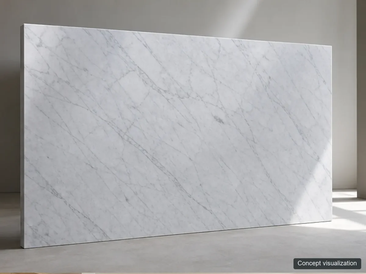 Bianco Carrara full-slab reference concept visualization; not current inventory or a selected lot.