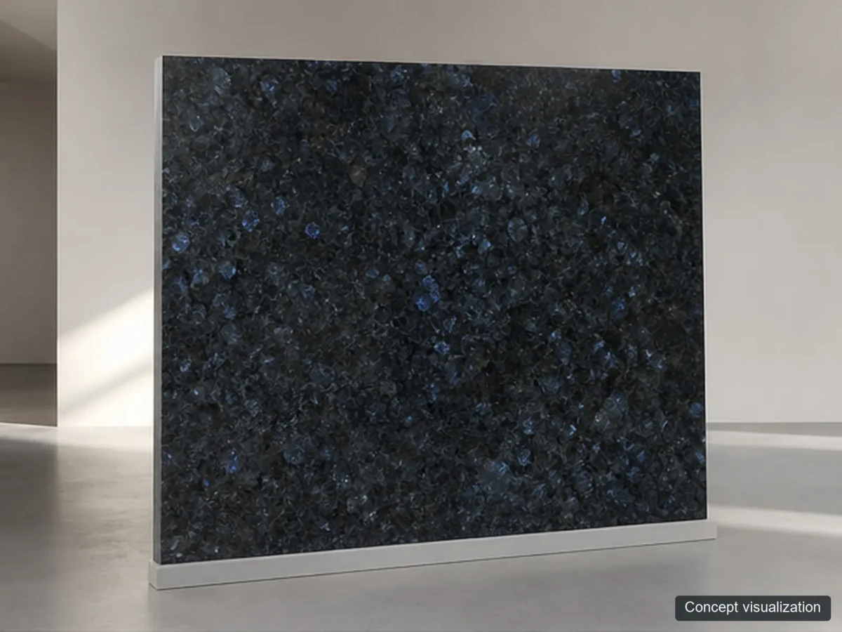 Blue Pearl full-slab reference concept visualization; not current inventory or a selected lot.