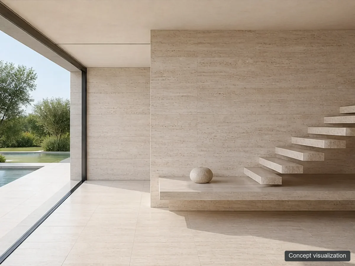 Classic Roman Travertine application reference concept visualization; not current inventory or a selected lot.