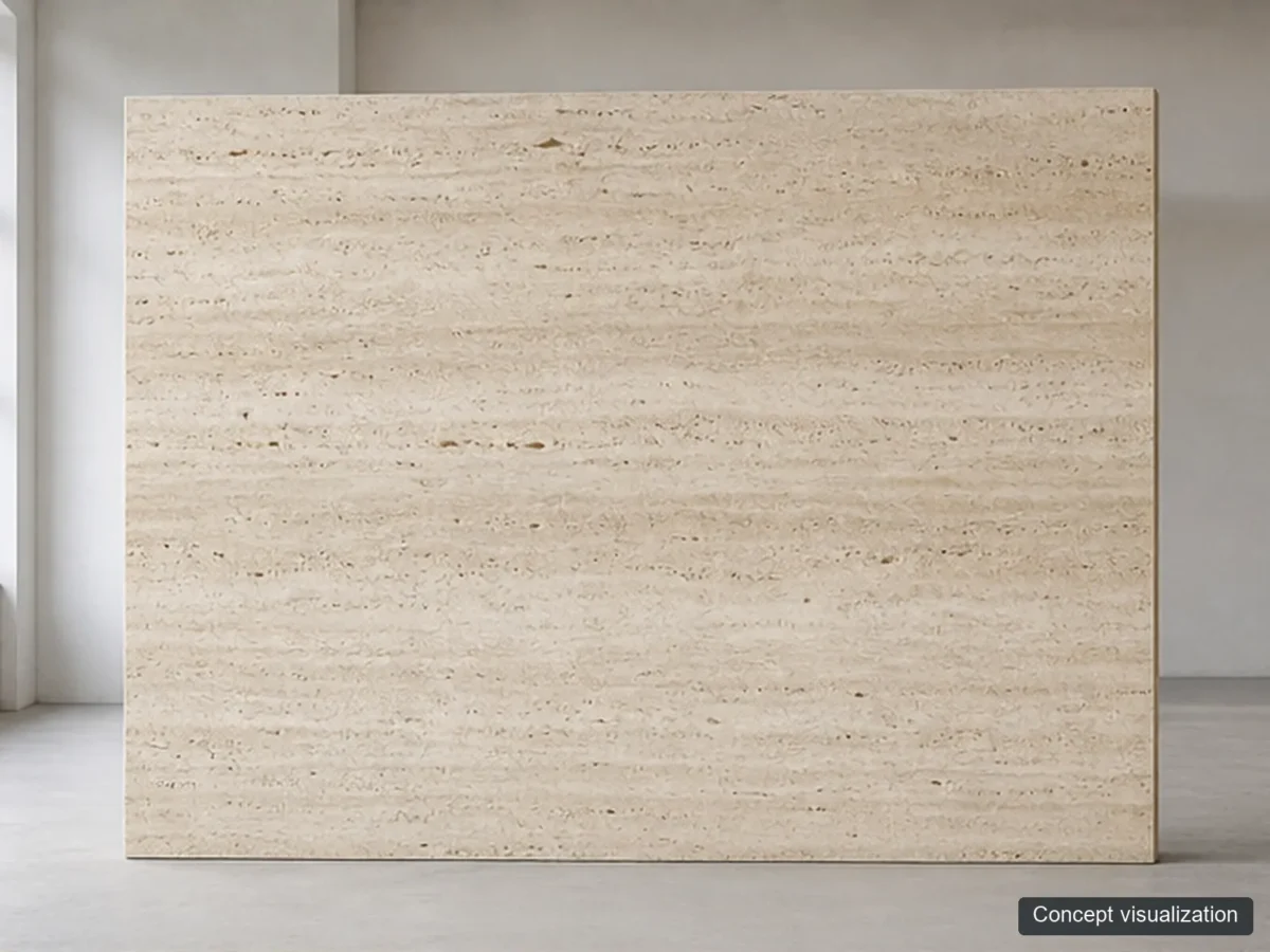 Classic Roman Travertine full-slab reference concept visualization; not current inventory or a selected lot.