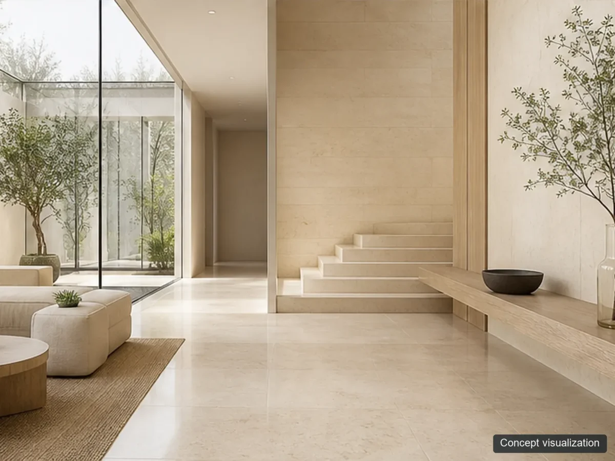 Crema Marfil application reference concept visualization; not current inventory or a selected lot.