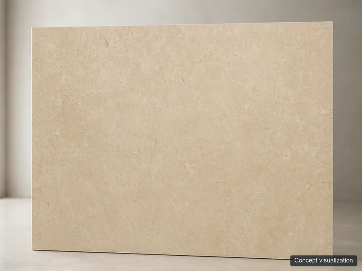 Crema Marfil full-slab reference concept visualization; not current inventory or a selected lot.