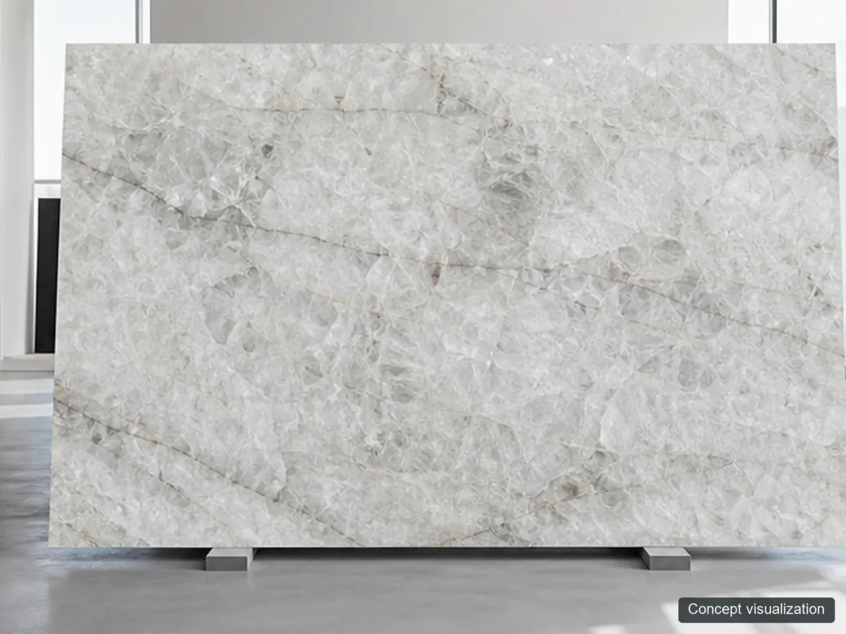 Cristallo full-slab reference concept visualization; not current inventory or a selected lot.