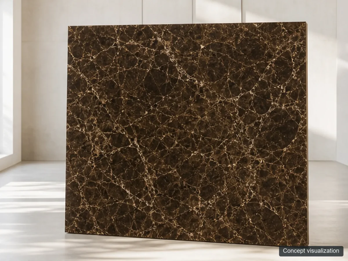 Dark Emperador full-slab reference concept visualization; not current inventory or a selected lot.