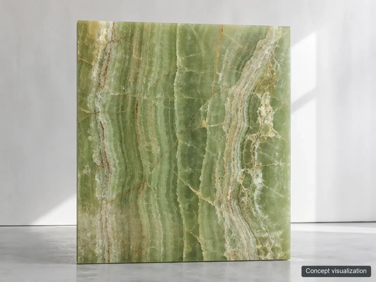Green Onyx full-slab reference concept visualization; not current inventory or a selected lot.