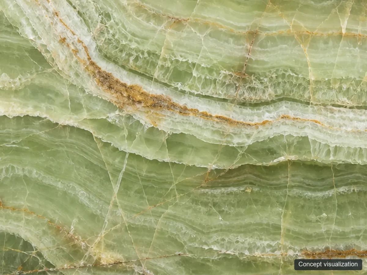 Green Onyx surface reference concept visualization; not current inventory or a selected lot.