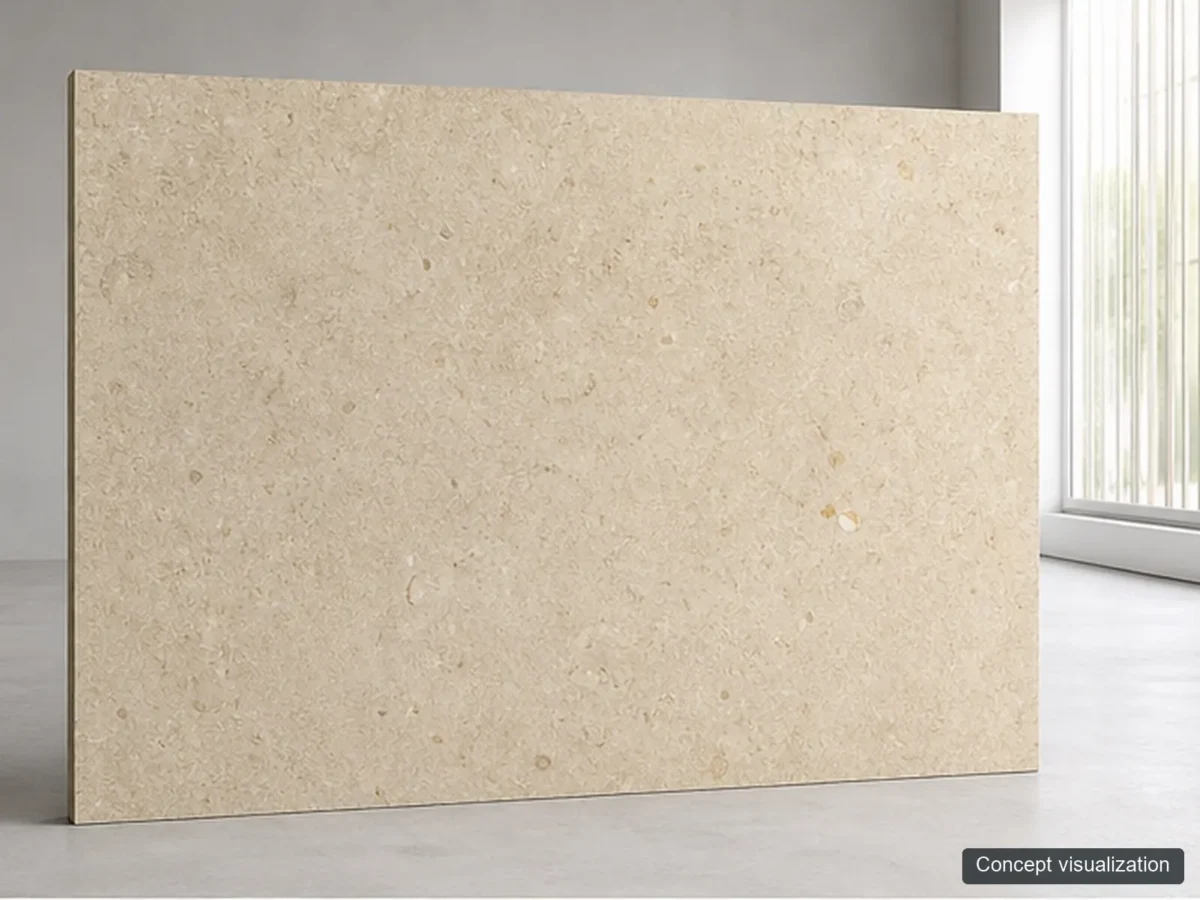 Jura Beige full-slab reference concept visualization; not current inventory or a selected lot.