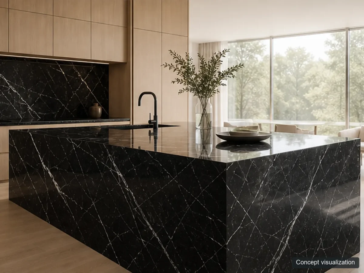 Nero Marquina application reference concept visualization; not current inventory or a selected lot.