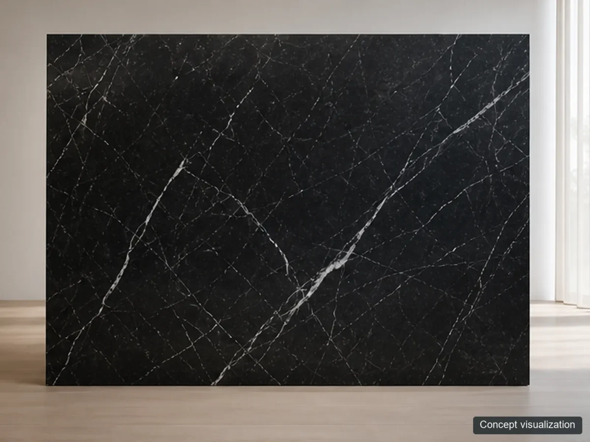 Nero Marquina full-slab reference concept visualization; not current inventory or a selected lot.