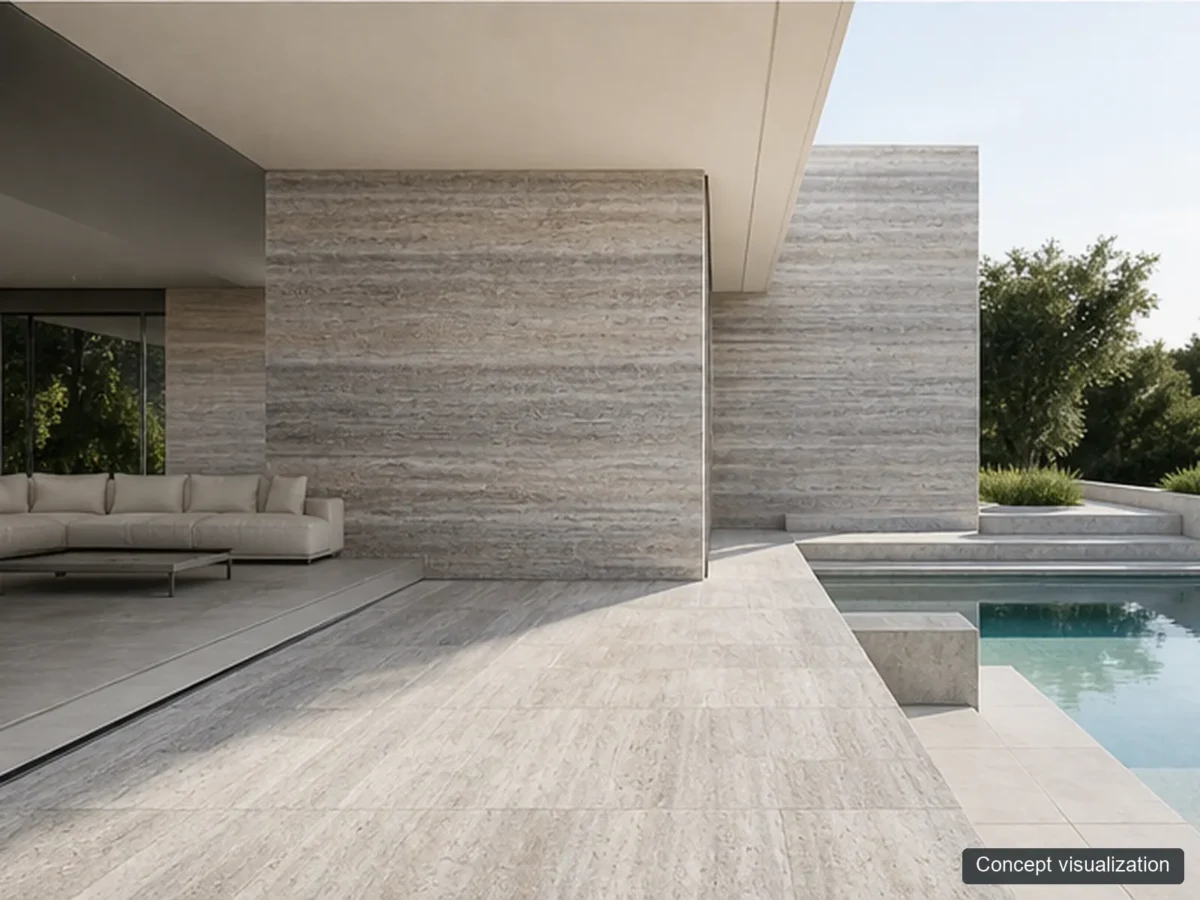 Silver Travertine application reference concept visualization; not current inventory or a selected lot.
