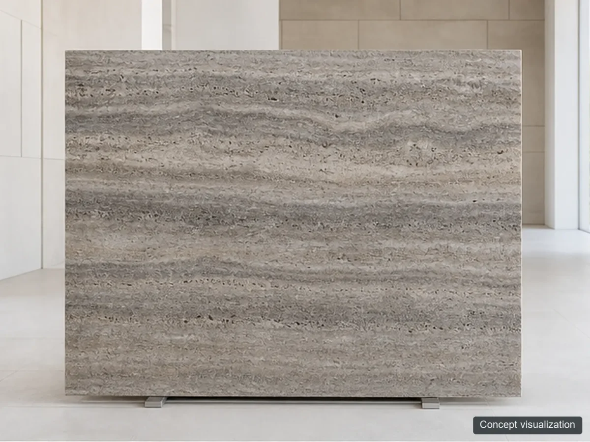 Silver Travertine full-slab reference concept visualization; not current inventory or a selected lot.
