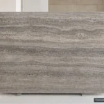 Silver Travertine full-slab reference concept visualization; not current inventory or a selected lot.