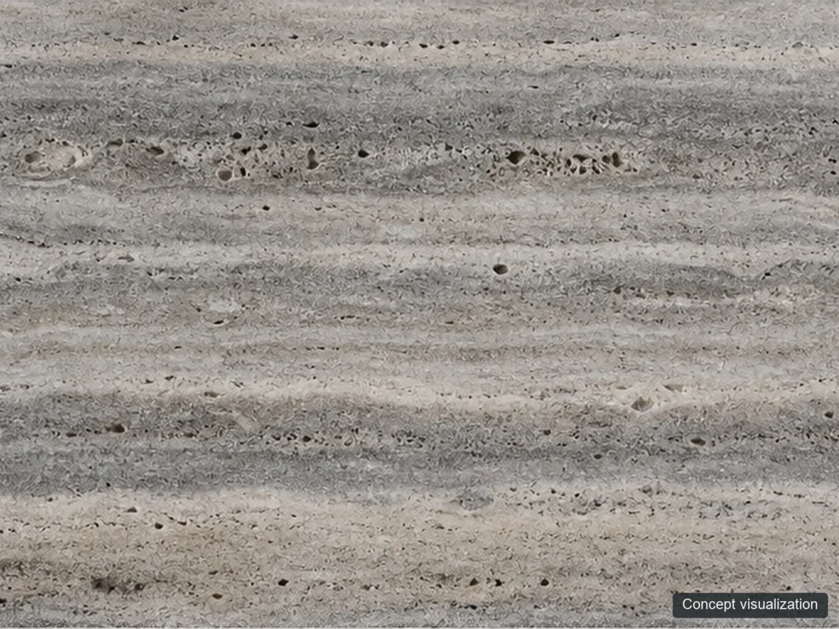Silver Travertine surface reference concept visualization; not current inventory or a selected lot.