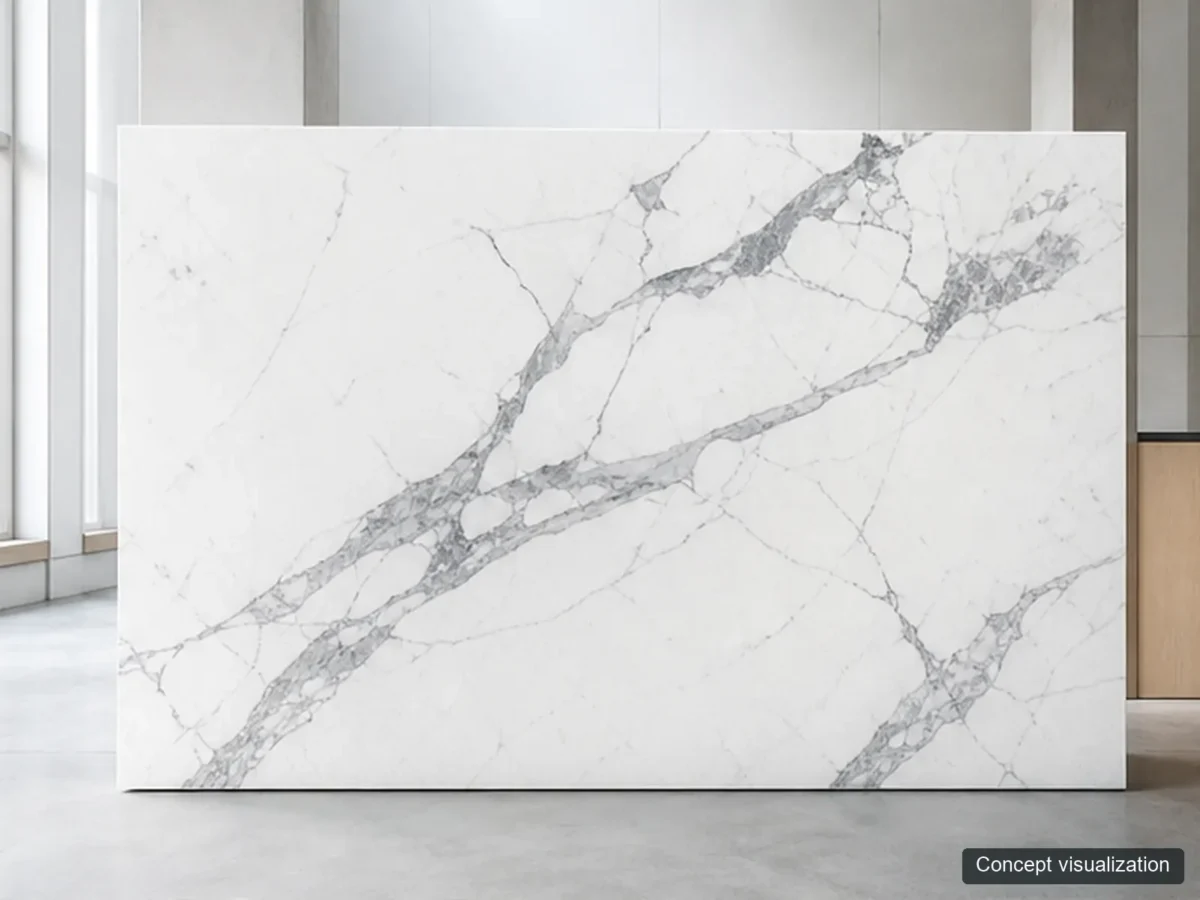 Statuario full-slab reference concept visualization; not current inventory or a selected lot.