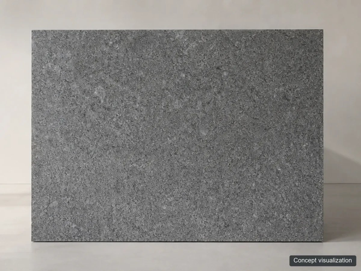 Steel Grey full-slab reference concept visualization; not current inventory or a selected lot.
