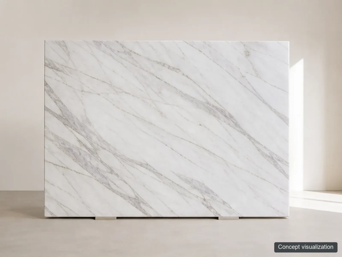 Volakas full-slab reference concept visualization; not current inventory or a selected lot.