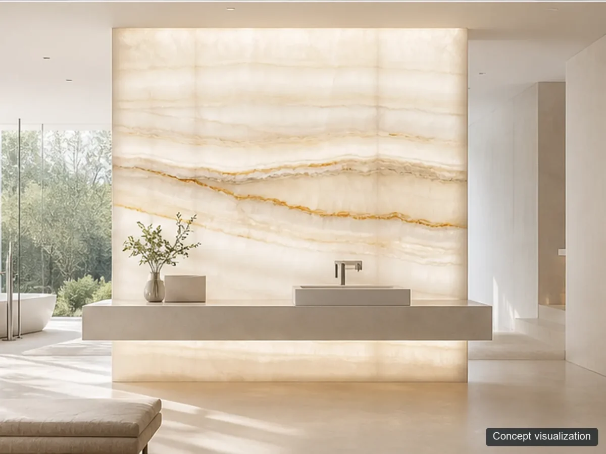 White Onyx application reference concept visualization; not current inventory or a selected lot.