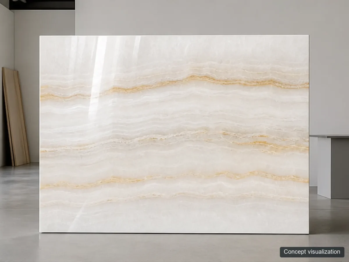 White Onyx full-slab reference concept visualization; not current inventory or a selected lot.